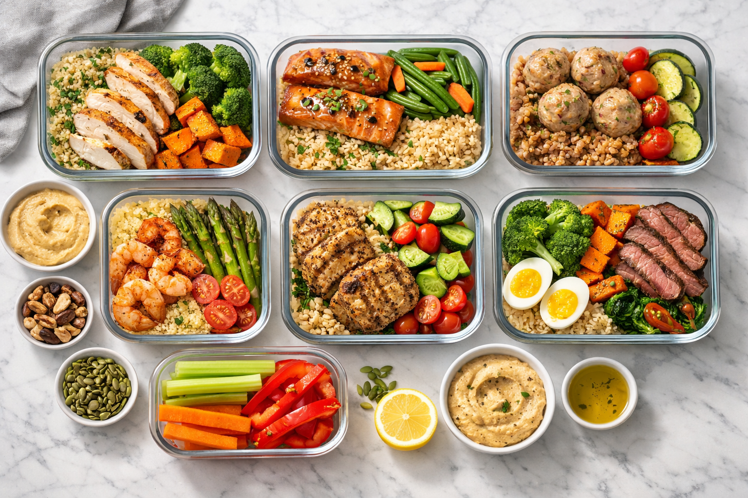 Overhead view of a balanced meal prep with colorful vegetables, lean proteins, whole grains arranged in glass containers on a white marble surface, natural lighting, food photography style