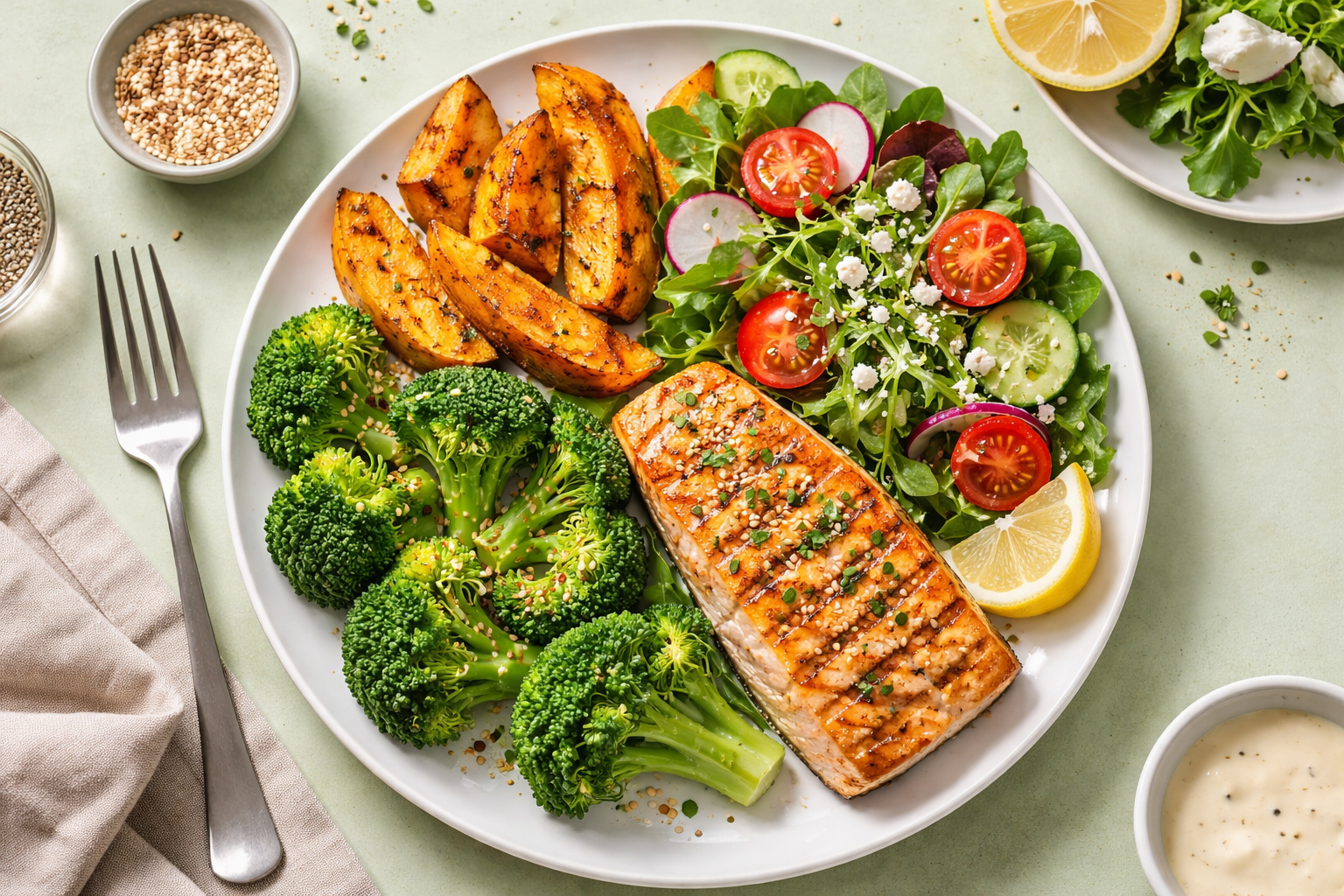 Colorful dinner plate with grilled salmon, steamed broccoli, roasted sweet potato wedges, and a side salad, presented on a light sage green background, top-down view, professional food styling